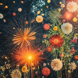 a bouquet of flowers and a lit fireworks is in the dark