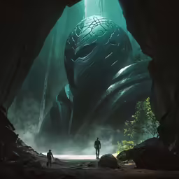 an alien with massive ears stands between two men