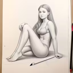 a drawing of a naked woman with pencil,a drawing of a woman in lingerie sitting on the ground