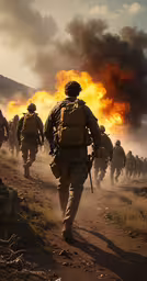 soldiers are walking away from a forest as the sun goes down,military men with backpacks walking through the desert