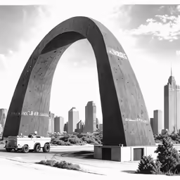 a large arch and a truck parked in front of it