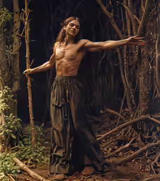 a young man is standing in the woods