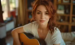 a woman is playing a guitar in her bedroom