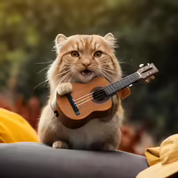 an orange tabby cat playing an ukelea with its front paws