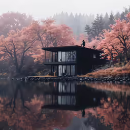 a man standing outside his cabin overlooking water