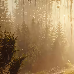 sun shining through trees in a forest filled with lots of fog