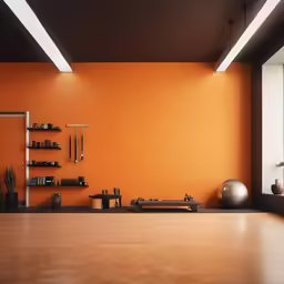 an orange and white room with several pots