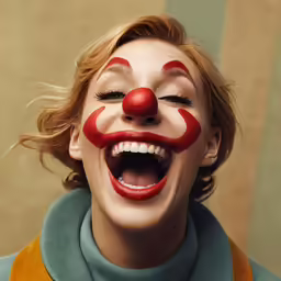 woman with red clown nose painted and smiling