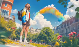 the girl is standing on the edge of a large wall