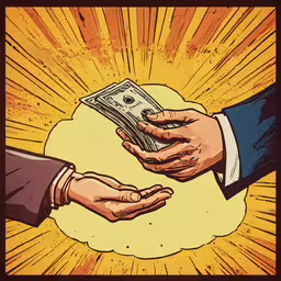 pop art illustration of hands exchanging money,two hands are putting money in one another