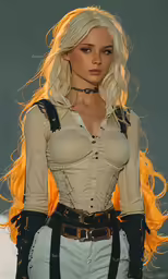 a woman with blonde hair and leather gloves