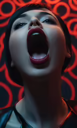 a beautiful young woman in a leather shirt is making a face