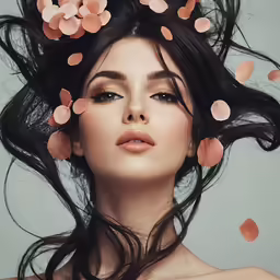 woman with flowers on her hair flying in the wind