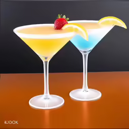 two glasses filled with different colored drinks next to each other