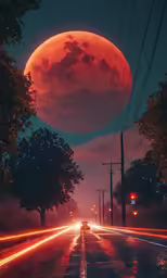 a full moon above a street at night with car headlights streaking through