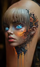 the face of a woman with splatters and flowers on her chest