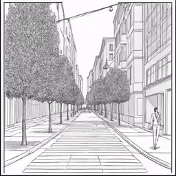 an ink drawing of trees on the street