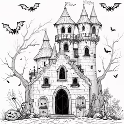 a drawing of a castle with bats and moon