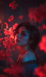 the woman is standing with her head down under flowers