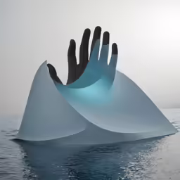 a sculpture sits in the ocean near a large wave