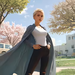 a female standing in front of some bushes