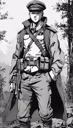 a man with an open hood and a hat is wearing a uniform,a man wearing a uniform and holding a rifle