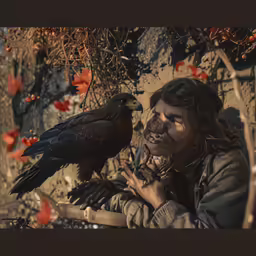 a man holding a bird and posing for the camera