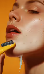 a woman in orange lipstick brushing her teeth with yellow and black bristles