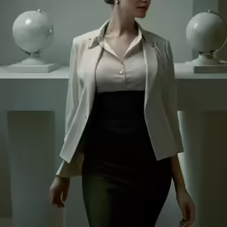 a woman in a suit with her head tilted to the side, standing in front of a table that is shaped like an sphere
