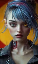 a young girl with bright yellow eyes has some hair in her face