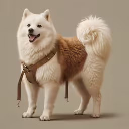 a close up of a dog wearing a harness