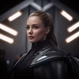 a woman wearing black in a futuristic setting