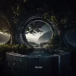 a person is sitting on a wooden bench in the middle of the forest