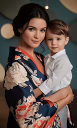 a woman with a child wearing a wedding dress
