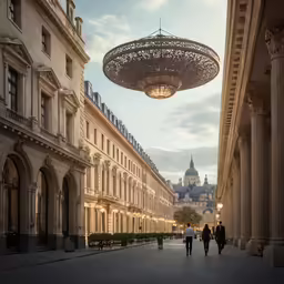 an array of large statues is suspended over a courtyard in a european city