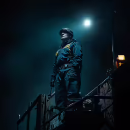 man standing on set of stairs looking away at light