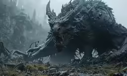 a giant black dragon with its mouth open and large horns