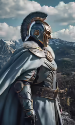 a man in armor with two mountains in the background