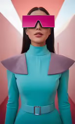 a woman with two pink glasses and a blue dress