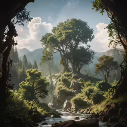 a river flows through the center of some trees