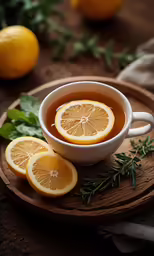 a cup of tea with sliced lemons and herbs on the table