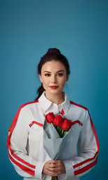a woman in white holding a bouquet of red roses