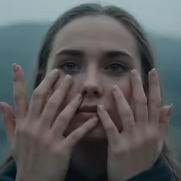 a girl with blue eyes covers her face with hands