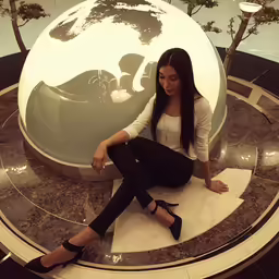 young woman sitting on the ground in front of a sculpture
