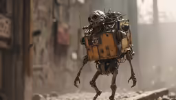 the robot is walking down the road on his back legs