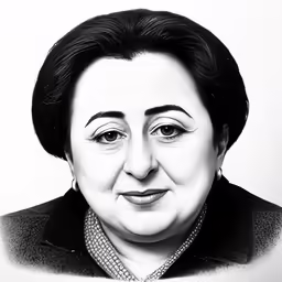 a black and white drawing of a woman smiling