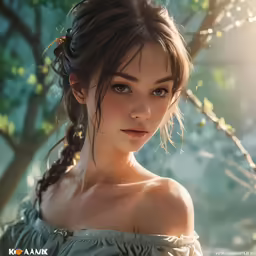 the woman is standing under a tree looking at the camera