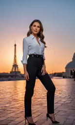 a woman in high heels is posing in front of a sunset