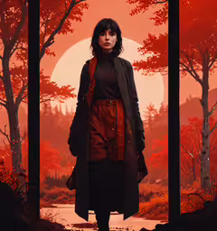 a woman stands in front of the screen and has blood on her hands,a woman stands in front of an orange sunset