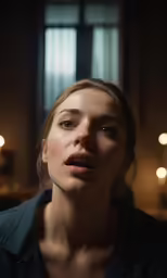 the woman is staring intently into the camera